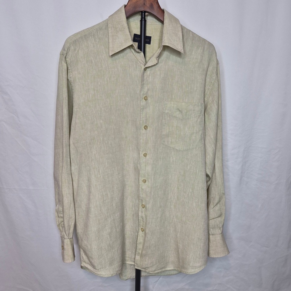 Scott Barber Mens Medium 100% Linen Long Sleeve Button Down Shirt Sage Green